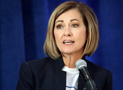FILE PHOTO: Republican Iowa Governor Kim Reynolds speaks in Des Moines
