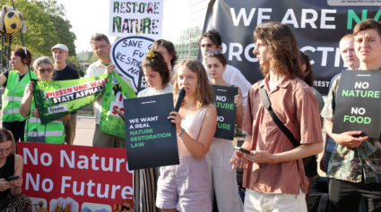 Climate activist Greta Thunberg attends a rally calling on members to pass a nature restoration law, near the European Parliament, in Strasbourg, France July 11, 2023 in this still image from video obtained from social media. Photo provided by GREENS/EFA GROUP/via REUTERS