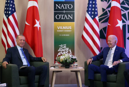 Turkish President Tayyip Erdogan meets with U.S. President Joe Biden during a NATO leaders summit in Vilnius, Lithuania, July 11, 2023. Photo provided by Turkish Presidential Press Office/Handout via REUTERS