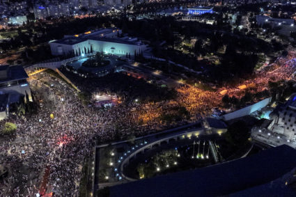 Protesters against the Israeli government's judicial overhaul gather in Jerusalem following a march from Tel Aviv to Jerus...