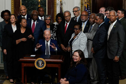 U.S. President Joe Biden reacts following a signing of a proclamation to establish the Emmett Till and Mamie Till-Mobley National Monument in Illinois and Mississippi, at the White House in Washington, U.S., July 25, 2023. Photo by Elizabeth Frantz/REUTERS