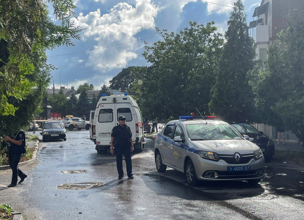 Police officers block a street near the site of the blast in the center of Taganrog