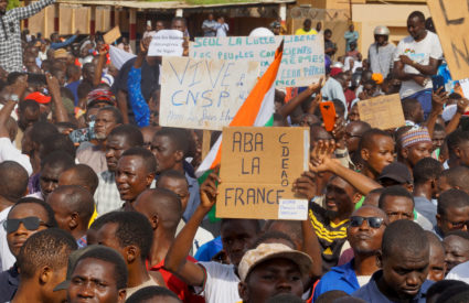 Demonstrators gather in support of the putschist soldiers in the capital Niamey