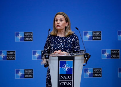 U.S.  Ambassador  to NATO Julianne Smith holds a news briefing in Brussels