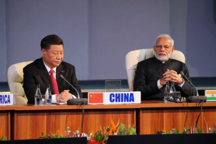 Indian Prime Minister Narendra Modi and China's President Xi Jinping attend the BRICS summit meeting in Johannesburg, South Africa, July 27, 2018. Photo by Mike Hutchings/REUTERS