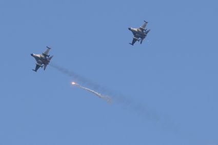 Taiwan's Indigenous Defense Fighter jets (IDF) release flares during an Amphibious landing drill as part of the Han Kuang ...