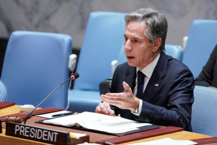U.S. Secretary of State Antony Blinken speaks to delegates as he chairs the U.N. Security Council meeting on famine and conflict-induced global food insecurity in New York, U.S., August 3, 2023. Photo by Eduardo Munoz/REUTERS