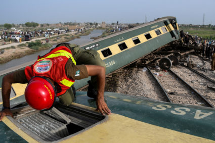 Aftermath of a train derailment in Sarhari town in district Sanghar