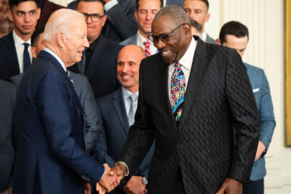 President Joe Biden shakes hands with Houston Astros manager Dusty Baker to the White House to celebrate their MLB 2022 World Series victory Monday, Aug. 7, 2023. Photo by Josh Morgan-USA TODAY via REUTERS