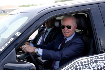 U.S. President Joe Biden tests the new Ford F-150 Lightning truck as he visits VDAB at Ford Dearborn Development Center in Dearborn, Michigan, U.S., May 18, 2021. Photo by Leah Millis/REUTERS