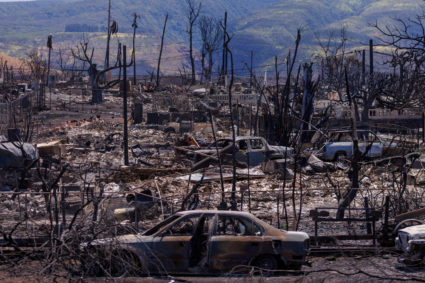 Fire damage is shown in the Wahikuli Terrace neighborhood in the fire ravaged town of Lahaina on the island of Maui in Hawaii, U.S., August 15, 2023. Photo by Mike Blake/REUTERS