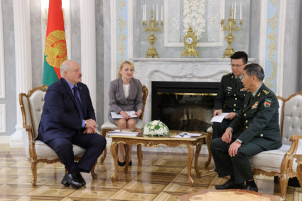 Belarusian President Alexander Lukashenko and Chinese Defence Minister Li Shangfu attend a meeting in Minsk, Belarus August 17, 2023. Photo provided by Press Service of the President of the Republic of Belarus/Handout via REUTERS