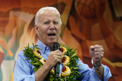 U.S. President Joe Biden speaks during a community event at the Lahaina Civic Center, in the fire-ravaged town of Lahaina on the island of Maui in Hawaii, U.S., August 21, 2023. Photo by Kevin Lamarque/REUTERS