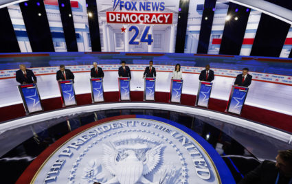 Former Arkansas Governor Asa Hutchinson, former New Jersey Governor Chris Christie, former U.S. Vice President Mike Pence, Florida Governor Ron DeSantis, businessman Vivek Ramaswamy, former South Carolina Governor Nikki Haley, U.S. Senator Tim Scott (R-SC) and North Dakota Governor Doug Burgum debate at the first Republican candidates' debate of the 2024 U.S. presidential campaign in Milwaukee, Wisconsin, U.S. August 23, 2023. Photo by Jonathan Ernst/REUTERS