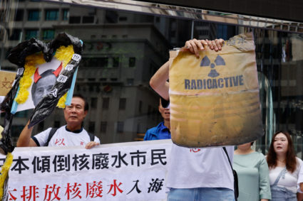 Protest in Hong Kong after Japan's announcement to release treated radioactive water from the crippled Fukushima nuclear p...