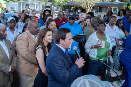 Florida Governor Ron DeSantis speaks at a prayer vigil in Jacksonville