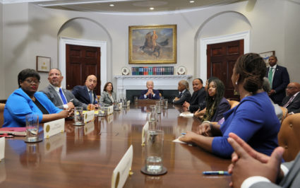 U.S. President Joe Biden, Vice President Kamala Harris and the organizers of the 60th anniversary of the March on Washington wait for members of the news media to leave the room before their meeting in the Roosevelt Room at the White House in Washington, U.S., August 28, 2023. Photo by Leah Millis/REUTERS
