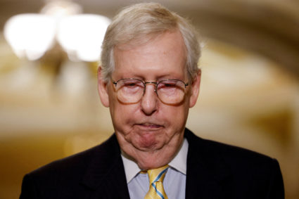 FILE PHOTO: Senate Minority Leader Mitch McConnell addresses reporters following Senate Republicans weekly policy lunch at...