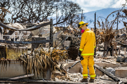 Search, rescue and recovery personnel conduct search operations of areas damaged by Maui wildfires