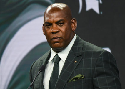 Michigan State Spartans head coach Mel Tucker speaks to the media during the Big 10 football media day at Lucas Oil Stadium in Indianapolis, Indiana on July 26, 2023. Photo by Robert Goddin-USA TODAY Sports/REUTERS