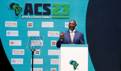 Kenya's President William Ruto addresses delegates during the Africa Climate Summit (ACS) 2023 at the Kenyatta International Convention Centre (KICC) in Nairobi, Kenya, September 5, 2023. Photo by Monicah Mwangi/REUTERS