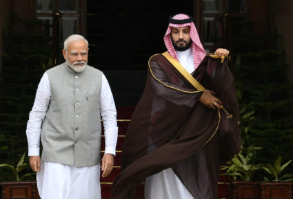 Saudi Arabia's Crown Prince Mohammed bin Salman and India's Prime Minister Narendra Modi arrive to attend a photo opportunity ahead of their meeting at Hyderabad House in New Delhi, India, September 11, 2023. Photo by Stringer/REUTERS