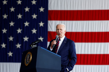 U.S. President Joe Biden delivers remarks to service members, first responders, and their families on the day of the 22nd anniversary of the September 11, 2001 attacks on the World Trade Center, at Joint Base Elmendorf-Richardson in Anchorage, Alaska, September 11, 2023. Photo by Evelyn Hockstein/REUTERS