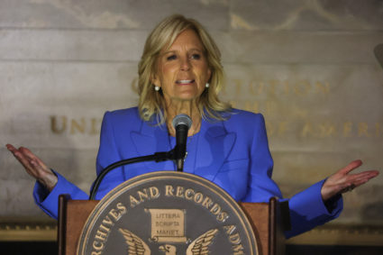 U.S. first lady Jill Biden delivers remarks at the swearing-in of the Archivist of the United States Colleen Shogan, at the National Archives Museum in Washington, U.S., September 11, 2023. Photo by Leah Millis/REUTERS