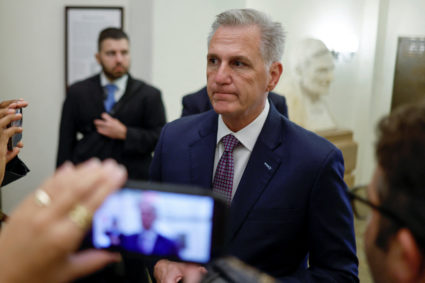 U.S. House Speaker Kevin McCarthy (R-CA) speaks with reporters as he arrives for the day at the U.S. Capitol in Washington, U.S. September 18, 2023. Photo by Jonathan Ernst/REUTERS
