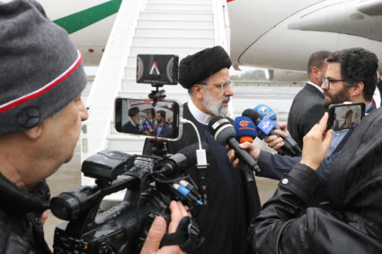 Iranian President Ebrahim Raisi gives an interview upon his arrival in New York at F. Kennedy International Airport in New...