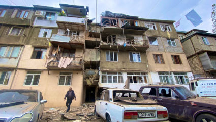 A view shows a damaged residential building in Nagorno-Karabakh