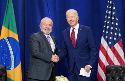 U.S. President Joe Biden greets Brazilian President Luiz Inacio Lula da Silva during a meeting on the sidelines of the 78th U.N. General Assembly in New York City, U.S., September 20, 2023. Photo by Kevin Lamarque/REUTERS