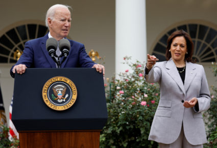 U.S. President Joe Biden and Vice President Kamala Harris announce a new White House Office of Gun Violence Prevention together during an event held in the Rose Garden of the White House in Washington, U.S. September 22, 2023. Photo by Jonathan Ernst/REUTERS
