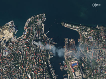 Satellite imagery shows smoke billowing from a Russian Naval HQ after Ukrainian strike