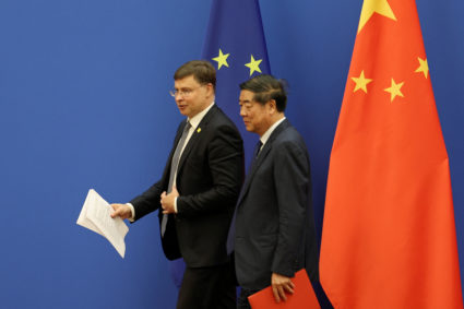European Commission's Executive Vice President Valdis Dombrovskis and Chinese Vice Premier He Lifeng leave at the end of a joint press conference following the 10th China-EU High-Level Economic and Trade Dialogue at the Diaoyutai State Guesthouse in Beijing, China September 25, 2023. Photo by Florence Lo/REUTERS