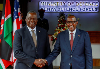 U.S. Secretary of Defense Lloyd Austin and Kenya's Cabinet Secretary for Defence Aden Duale shake hands after signing a Defense Cooperation Agreement in Nairobi, Kenya September 25, 2023. Photo by Monicah Mwangi/REUTERS