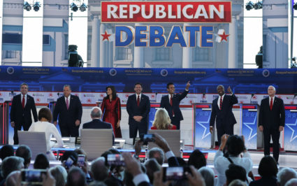 Republican U.S. presidential candidates pose together before the start of the second Republican candidates' debate of the 2024 U.S. presidential campaign at the Ronald Reagan Presidential Library in Simi Valley, California, U.S. September 27, 2023. Photo by Mike Blake/REUTERS