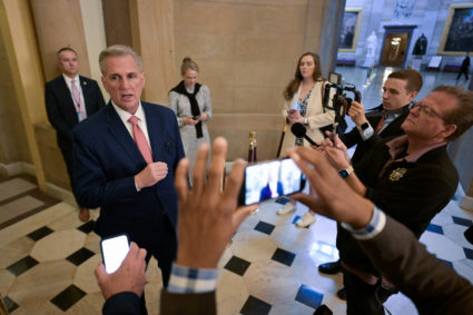 U.S. House Speaker Kevin McCarthy speaks with reporters on Capitol Hill in Washington,