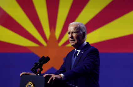 U.S. President Joe Biden delivers remarks on democracy during an event honoring the legacy of late U.S. Senator John McCain at the Tempe Center for The Arts in Tempe, Arizona, U.S., September 28, 2023. Photo by Evelyn Hockstein/REUTERS