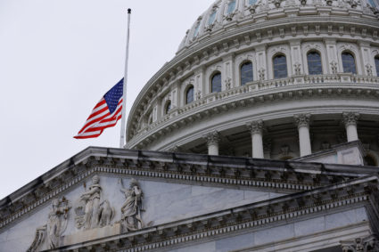 The American flag at the U.S. Capitol flies at half staff in honor of U.S. Senator Dianne Feinstein (D-CA), who died overnight at her Washington home at the age of 90, on Capitol Hill in Washington, U.S., September 29, 2023. Photo by Jonathan Ernst/REUTERS