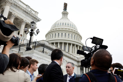 U.S. Representatives depart after a vote at the U.S. Capitol ahead of a looming government shutdown in Washington