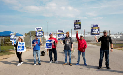 Striking United Auto Workers members picket outside the Stellantis Jeep Plant in Toledo,