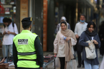 FILE PHOTO: Iranian police force stands on a street during the revival of morality police in Tehran