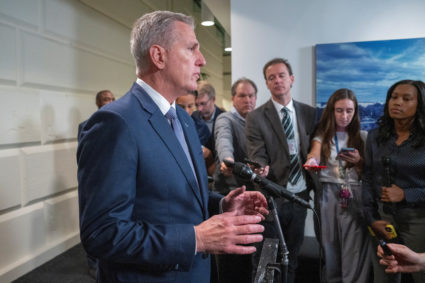 U.S. House Speaker Kevin McCarthy (R-CA) speaks to reporters prior to the U.S. House of Representatives vote on a stopgap ...