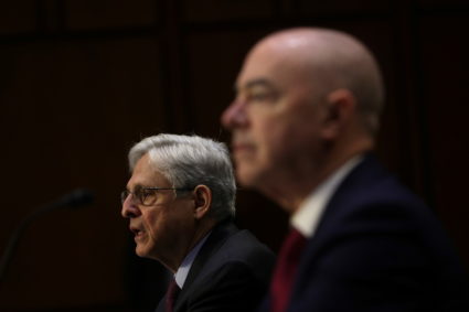 Attorney General Merrick Garland and U.S. Homeland Security Secretary Alejandro Mayorkas testify during a hearing on "Domestic Violent Extremism in America." before the Senate Appropriations Committee on Capitol Hill in Washington, U.S., May 12, 2021. Photo by Alex Wong/Pool via REUTERS
