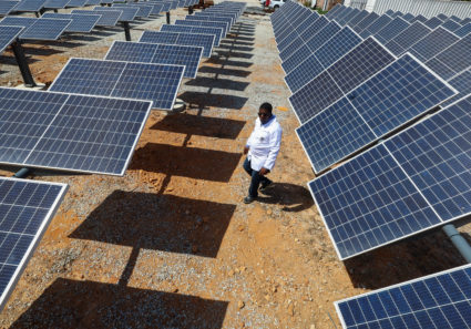 Dr Stanford Chidziva, acting director of Green Hydrogen, looks at the solar panels at the site where Keren Energy constructed the first proof of concept of green hydrogen production facility in Africa at Namaqua Engineering in Vredendal, in collaboration with The Green Hydrogen Institute for Advanced Materials Chemistry (SAIAMC) at the University of the Western Cape, South Africa, November 15, 2022. Photo by Esa Alexander/REUTERS