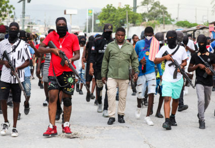 Former police officer Jimmy "Barbecue" Cherizier, leader of the 'G9' coalition, leads a march surrounded by his security against Haiti's Prime Minister Ariel Henry, in Port-au-Prince, Haiti September 19, 2023. Photo by Ralph Tedy Erol/REUTERS