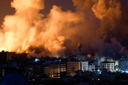 Flames and smoke billow during Israeli strikes in Gaza, October 9, 2023. Photo by Mohammed Salem/REUTERS