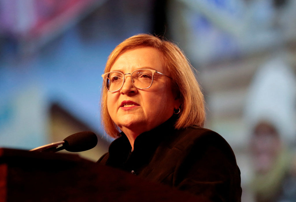 FILE PHOTO: UNIFOR President Payne addresses the UAW delegates at the 2023 Special Elections Collective Bargaining Convent...