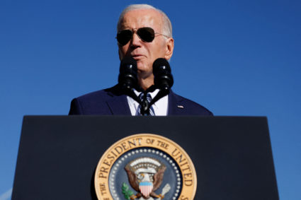U.S. President Joe Biden delivers remarks on his economic objectives at the Tioga Marine Terminal in Philadelphia, Pennsylvania, U.S., October 13, 2023. Photo by Jonathan Ernst/REUTERS